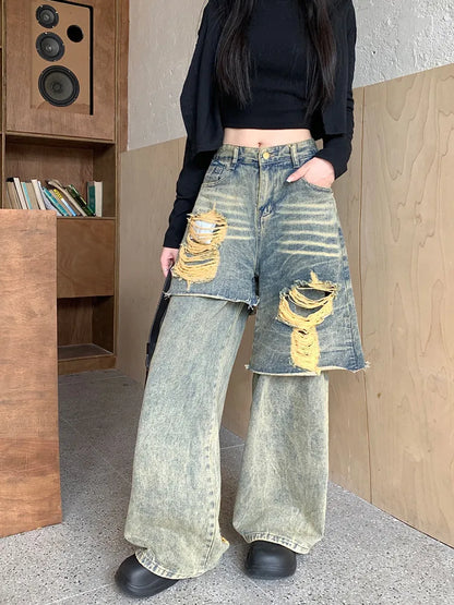 lovwvol  -  Y2K 2000S Streetwear Washed Blue Baggy Ripped Stacked Jeans Pants For Women 90S Vintage Clothes Old Lady Denim Trousers