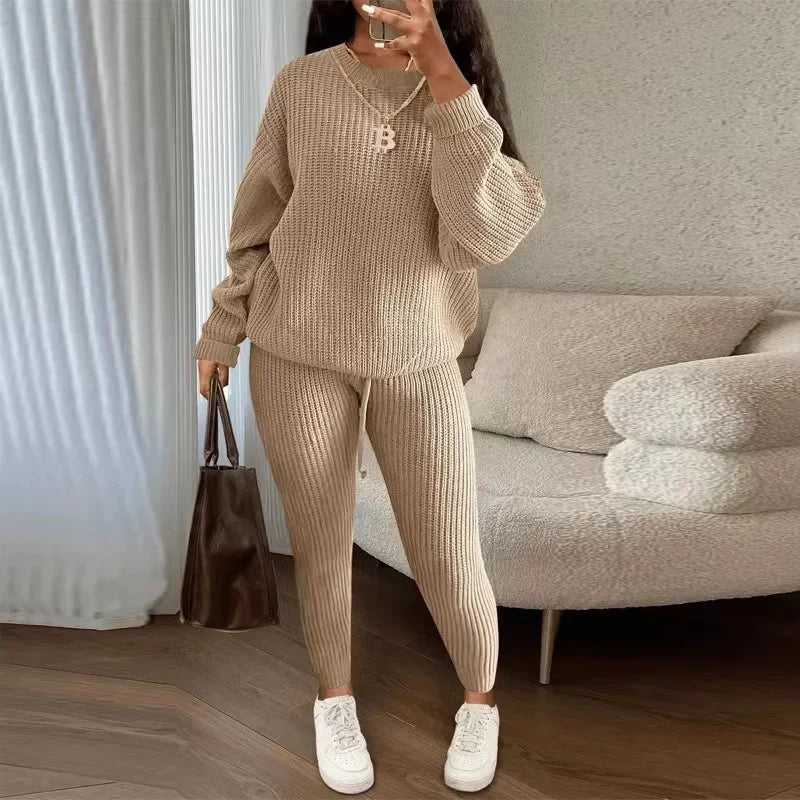 lovwvol  -  Winter Two Piece Sets Women Clothing Autumn Fashion Casual Solid Round Neck Pullover Loose Pit Knitted Sweater Pants Suits