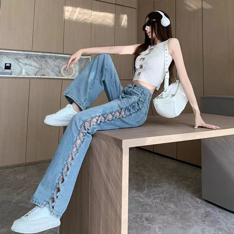 lovwvol Women's Side Hollowed Out Design Blue Jeans Streetwear Denim Trousers Vintage Female Fashion Baggy Pants Street Clothes