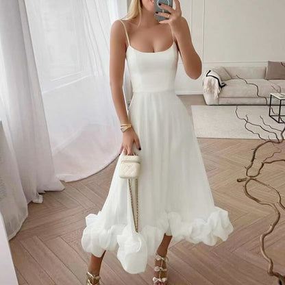 Elegant Curved Hem Dress Women Midi Fashion Floral Large Swing Slip Female A-line Dresses 2023 Summer Backless Party Lady Robe