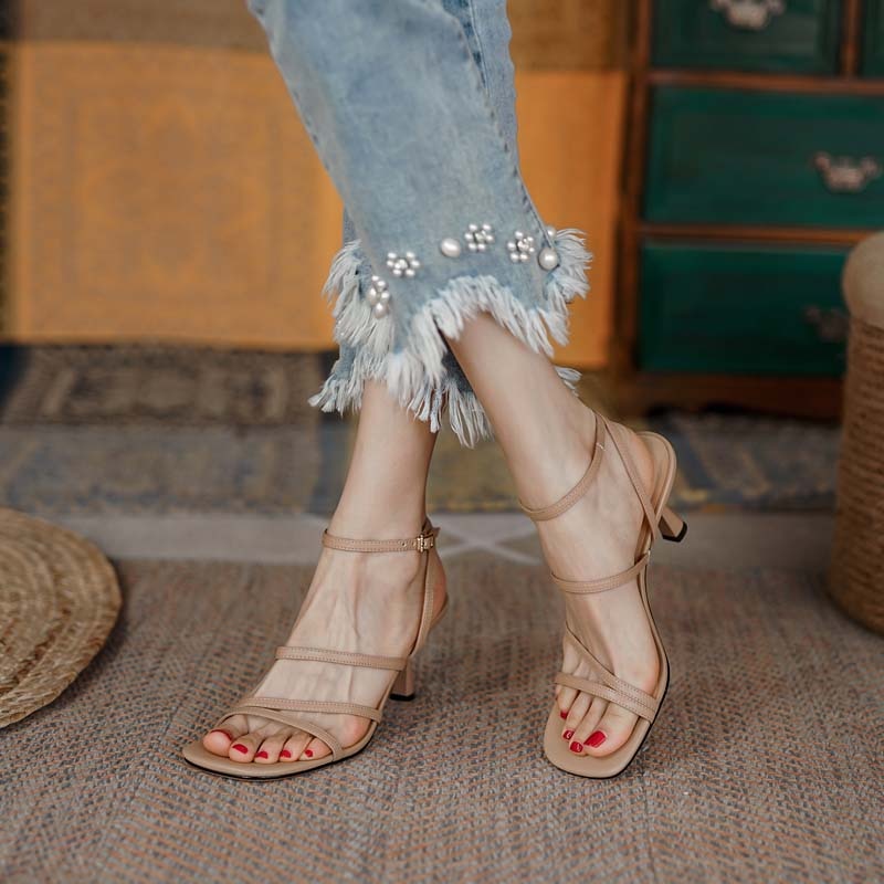 lovwvol New Ankle Strap Sandals Summer Women Sexy Party Lady Open Toe High Heels Fashion Woman Beige Apricot One Word Buckle Sandal