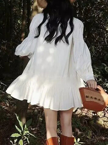 lovwvol White Short Dresses Women Summer Holiday Dresses Female Casual Lantern Sleeve Dress Ladies Vintage Elegant Chic Lace Up Vestidos