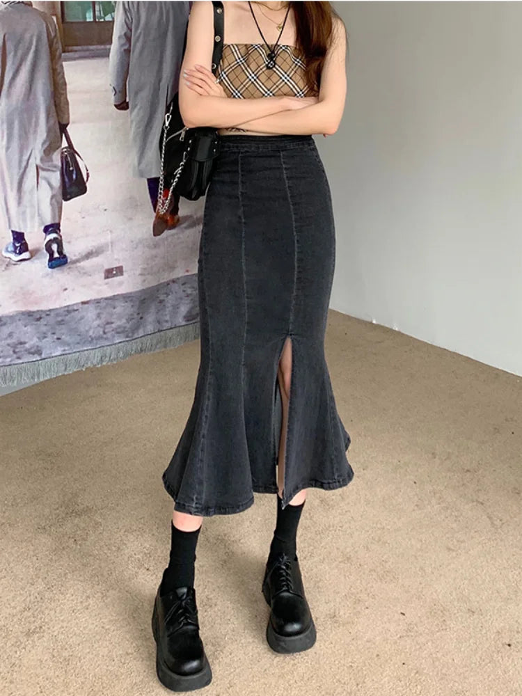 DEEPTOWN Denim Slit Long Skirt Women Korean Fashion Vintage High Waist Bodycon Ruffles Mermaid Midi Skirt Elegant Chic Summer