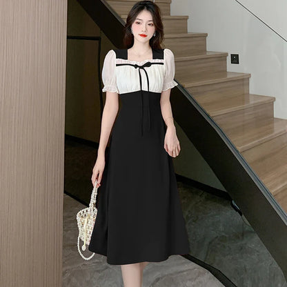 lovwvol  2024 Black Patchwork Puff Sleeve Bow Ruffled Collar Midi Dress Women Korean Vintage Hepburn Robe Summer Elegant and Pretty Dress