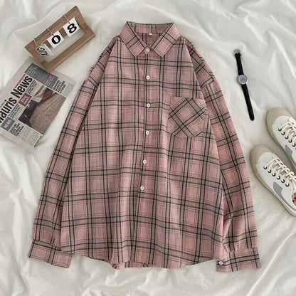 Women Shirt Plaid Oversize Turn-down Collar Leisure Fashion Loose All-match Womens Long Sleeves Soft Chic Korean Style Tops polo