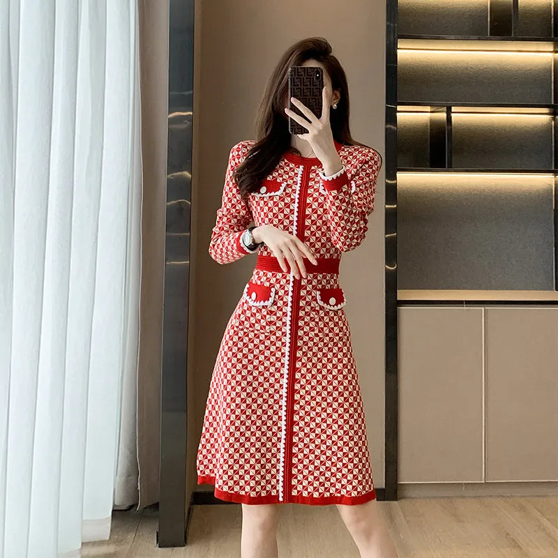 lovwvol Vintage Pullover Knitted Sweater Knee Dresses for Women Korean Fashion Pockets O-Neck Plaid Red Dress Robe Femme Vestidos Autumn