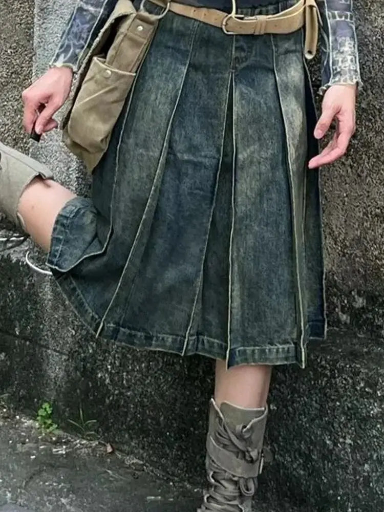 lovwvol  -  American Style Gothic Denim Skirts Women Streetwear Y2k High Waisted Vintage A- Line Middle Long Dress Trendy Fashionable Skirts