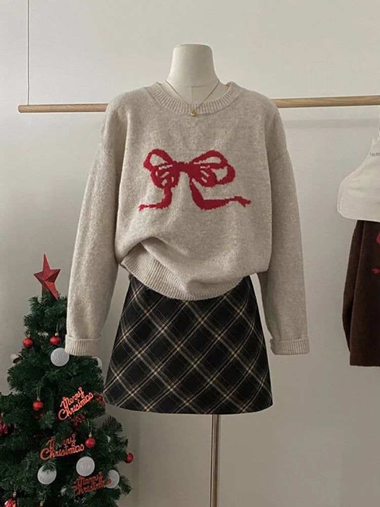 lovwvol Sweet Knitted Sweater Women Oversized Bow Embroidery Pullover Korean Fashion Casual Jumper All-Match Autumn Winter High Street