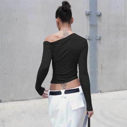 Fashion Elegant Slim Asymmetrical Tops for Women Streetwear Long Sleeve Ruched Sexy Cropped Top Y2K Outfits Club