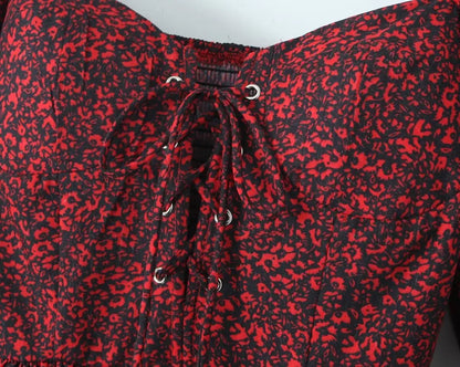 lovwvol  2024 Women Front Lacing Up Wine Red Floral Print Dress Vintage Puff Sleeve Layered Ruffle Hem Cake Mini Dress Holiday