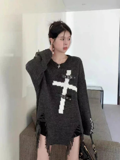 lovwvol  -  Gothic Black Sweater Women Ripped Cross Print Aesthetic Grunge Top Casual Loose Streetwear Pullover Y2k Streetwear Sueter Jumper