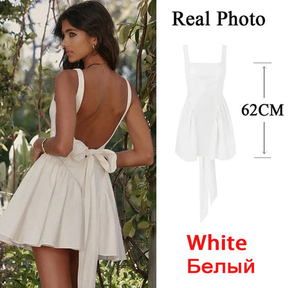 Summer Mini Backless A Line Dress Sexy White Big Bow Cotton Dress Casual Women Birthday Holiday Dress New Arrivals