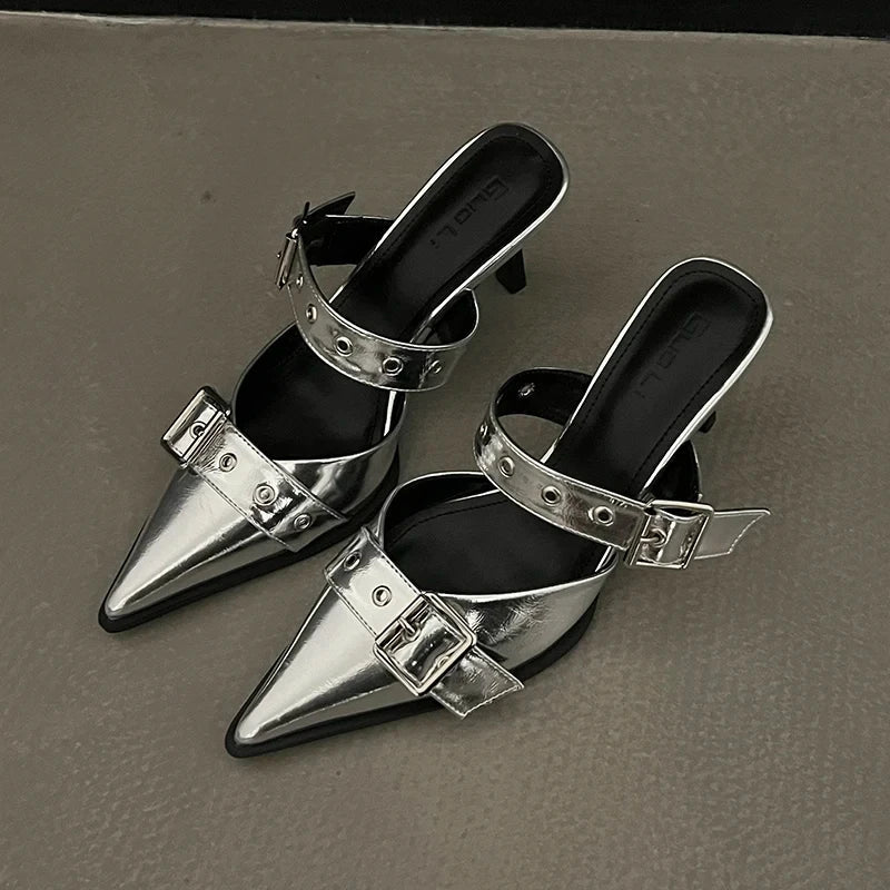 Punk Goth Metal Buckle High Heels Women's Sandals Summer  Pointed Toe Silver Party Shoes Fashion Womens Pumps Shoes Tacones