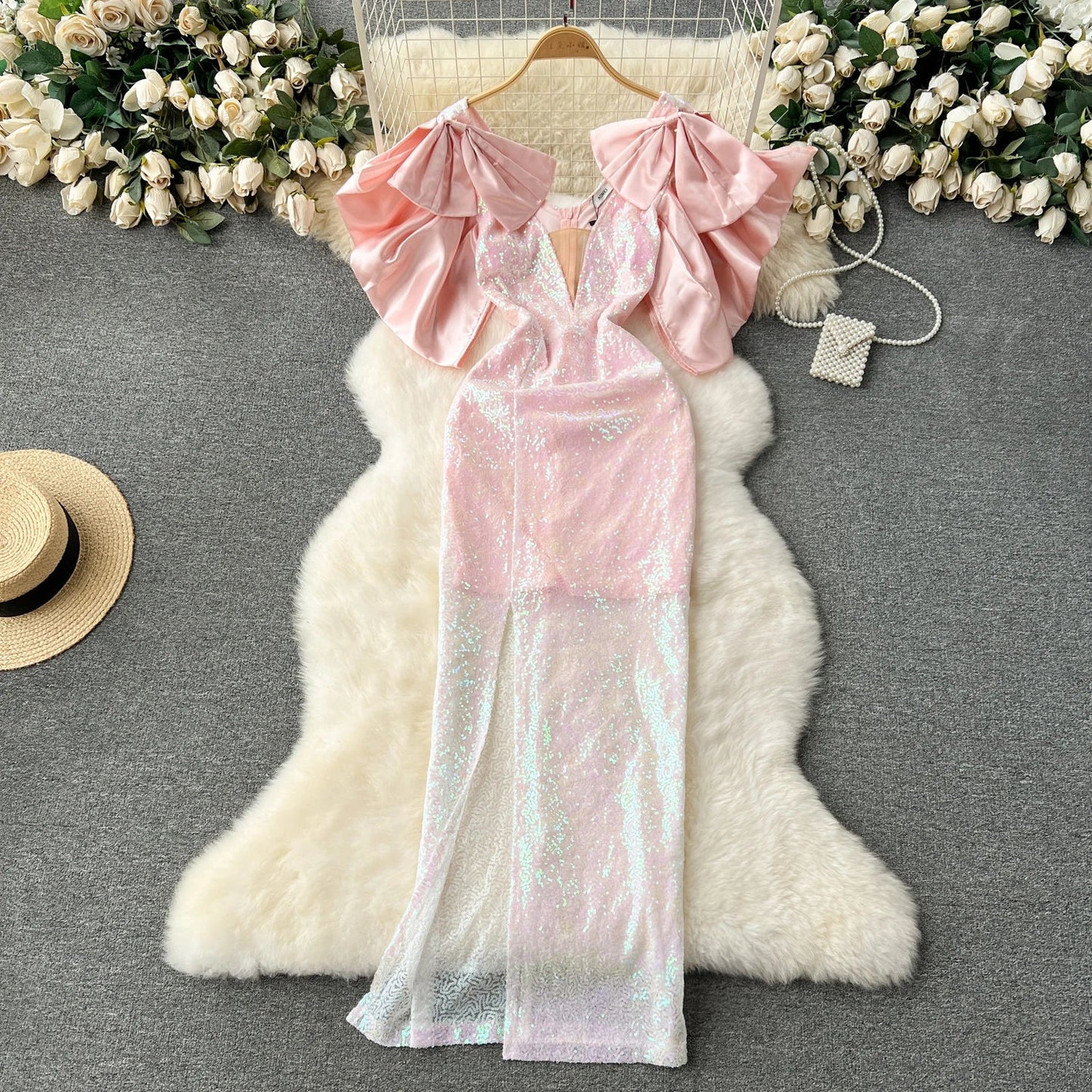 lovwvol Sexy bow satin sequin Dress Chic Vintage Evening Party Club Women summer short sleeve Chic Slim Ceremonial ceremony dresses