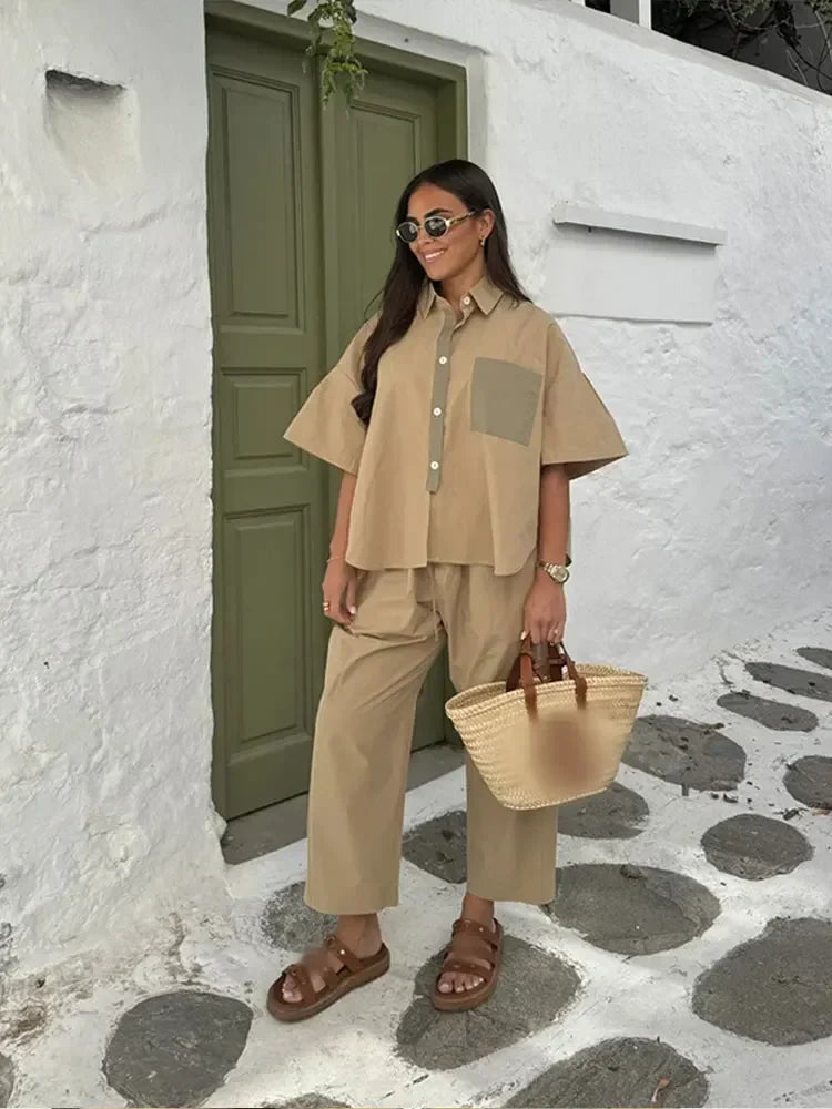 lovwvol  -  Women Casual Color Matching Shirt Pants Suit Chic Lapel Single-breasted  Loose Half Sleeved Blouse Straight Trousers Lady Set