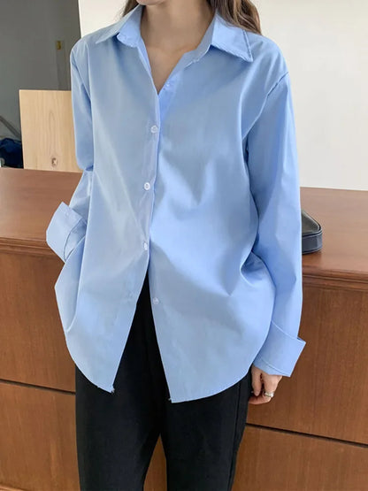 lovwvol Women Blouses Elegant Vintage Streetwear Casual Cotton 100% Loose Button Up White Blue Long Sleeve Office Oversize Shirt Tops