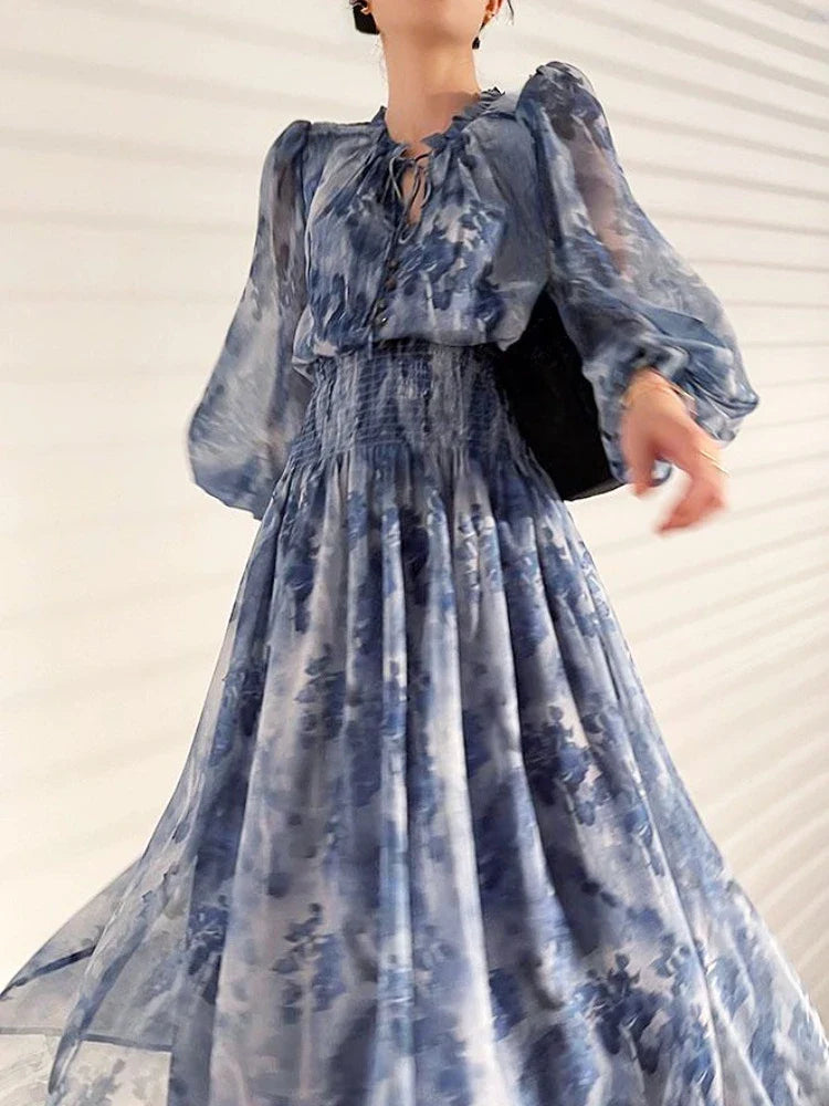 lovwvol French Vintage Long Sleeve Fairy Dress Women Slim Fashion Floral Midi Dress Beach Casual Korean Style Dresses Female 2023 Summer