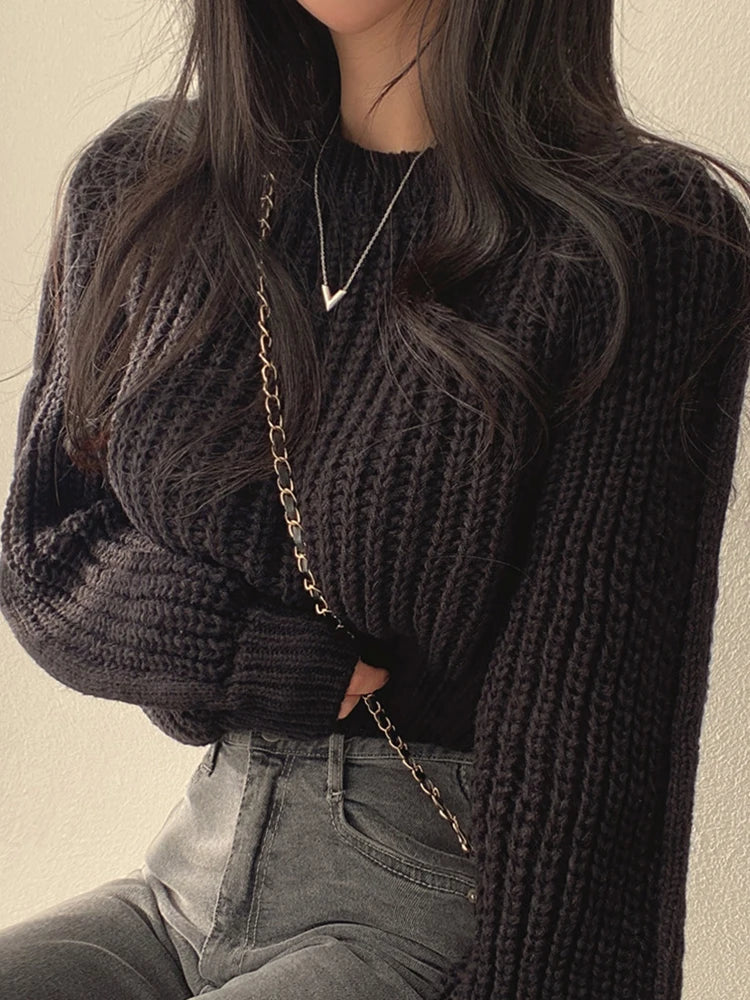 lovwvol Loose Vintage Harajuku Lantern Long Sleeve Women Sweater Korean Autumn Winter Knitwear Soft Warm Tops Chic Solid Femme Sweater