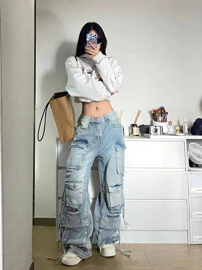 lovwvol New American Multi-pocket Overalls Female Y2K Fashion Trend High Street Retro Heavy Industry Loose Casual Wide-leg Jeans