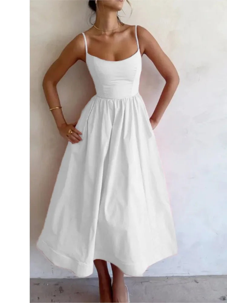 Sexy Solid Spaghetti Strap A-line Maxi Dresses Women Low Cut Sleeveless Big Skirt Dress Summer New Fashion Elegant Party