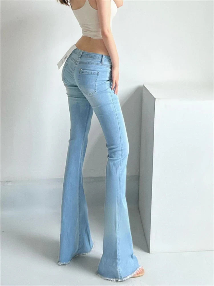 lovwvol Women's Low Waisted Light Blue Fringed Denim Bell Bottom Pants Summer Casual Wide-leg Trousers Female Sexy Skinny Jeans