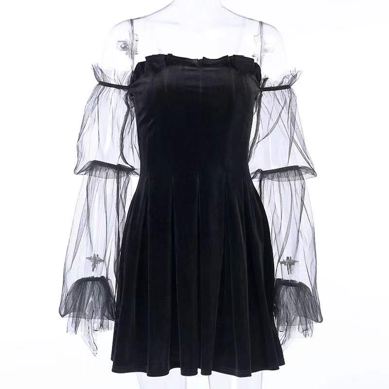 lovwvol Gothic Sexy Dress Vintage Off Shoulder Lantern Sleeve Mesh Patchwork Mini Dress Dark Street Black Dress Female