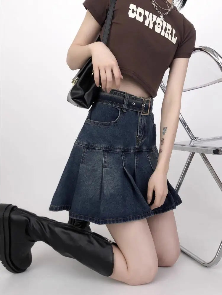 lovwvol Korean Y2K Style Harajuku High Waist High Street Jeans Skirts Summer Women's Sexy Loose Fit Hotsweet Denim Pleated Skirt