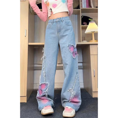 lovwvol Women's Blue Butterfly Jeans Baggy Vintage Y2k Denim Trousers 2000s Harajuku Wide Leg Cowboy Pants Trashy 90s Aesthetic Clothes