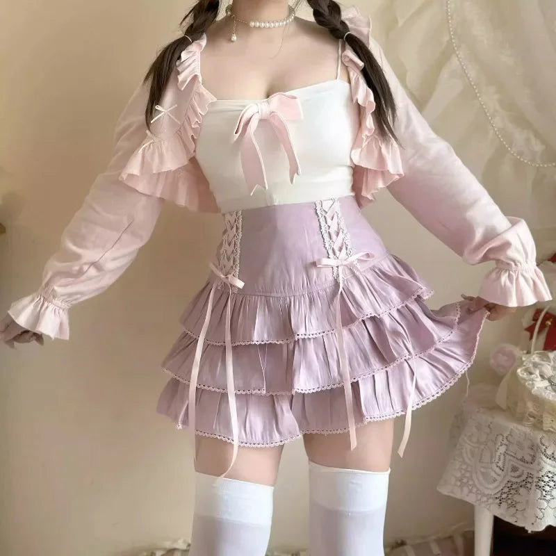 Japanese Kawaii Lolita Style Pleated Skirts Women High Waist Pink Bandage Fairy Y2k Aesthetic Skirt Cute Faldas Mujer Moda