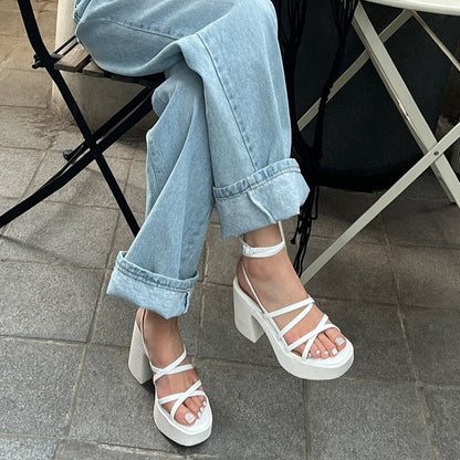 Summer  Women's Sandals Open Toe Cross Strap High Heels Platform Ladies Shoes Fashion Female Chunky Heels Woman Sandals