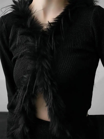 lovwvol Sexy Gothic Knitted Cardigan with Fur Women Black Cropped Sweaters Y2k Elegant Korean Streetwear Grunge V-neck Tops