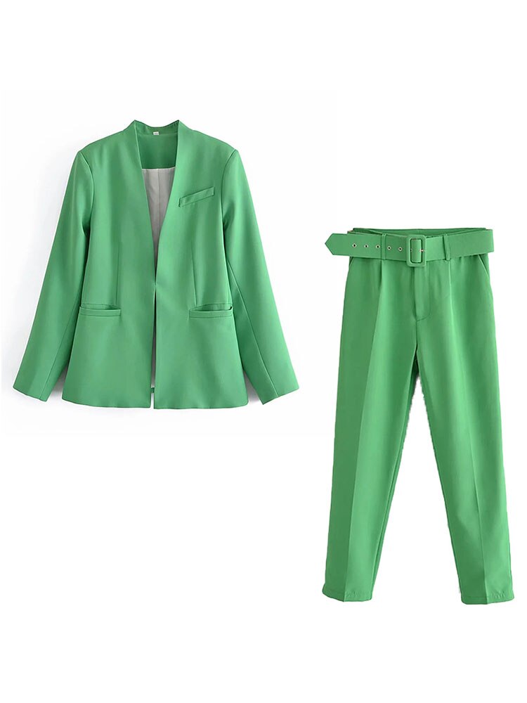 Women Fashion Two Pieces Sets Office Wear Blazers Coat And With Belt High Waist Pants Female