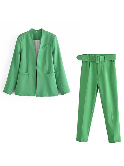 Women Fashion Two Pieces Sets Office Wear Blazers Coat And With Belt High Waist Pants Female