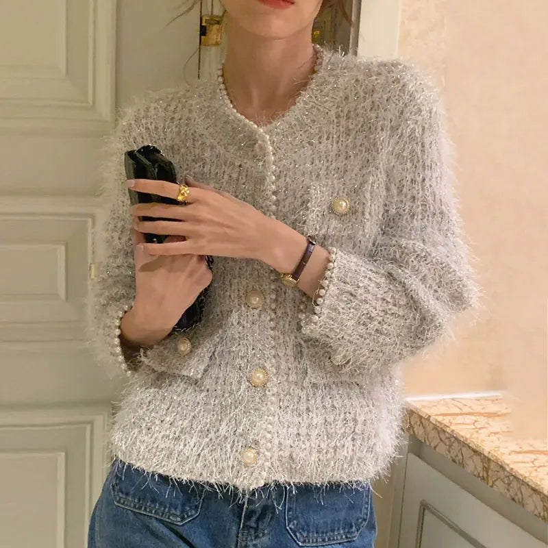 lovwvol Vintage Temperament Bead Sweater Women Autumn Winter Tops O Neck Knitting Cropped Cardigan Korean Fashion Suéteres