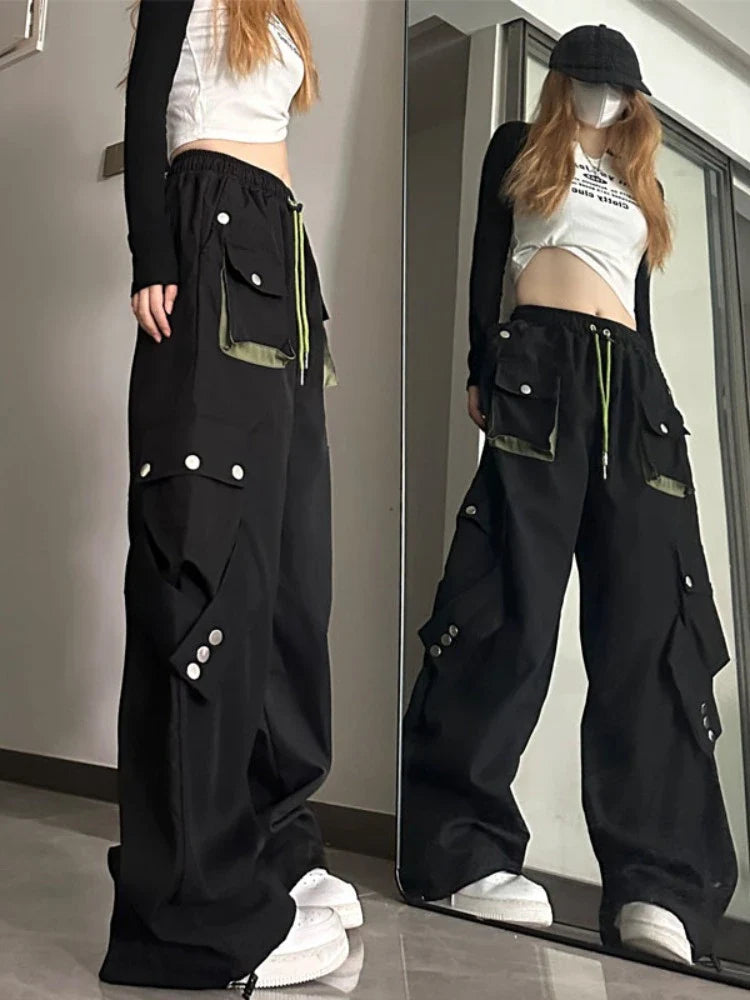 lovwvol  -  Y2k Aesthetic Black Cargo Pants Women Drawstring Harajuku Wide Leg Loose High Waist Streetwear Casual Autumn Trousers Joggers