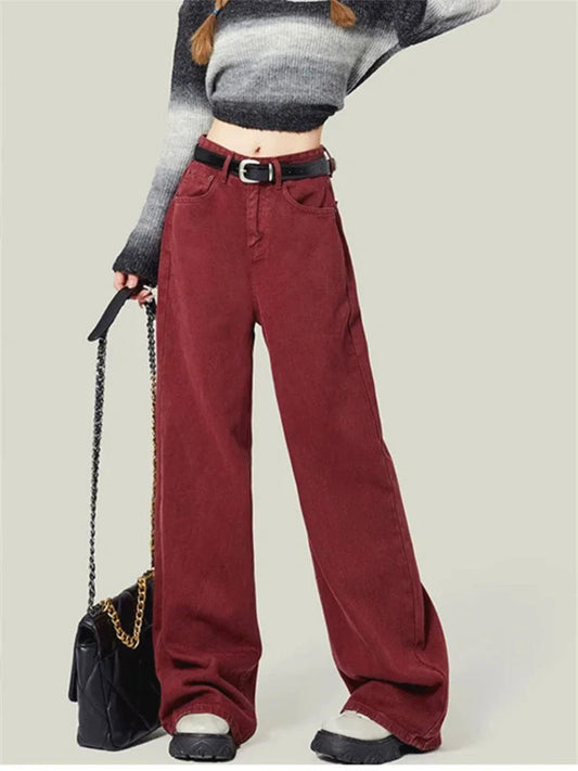 lovwvol Women's Street Style Wide Leg Red Jeans American Vintage Casual Denim Trousers Female High Waist Loose Straight Pants