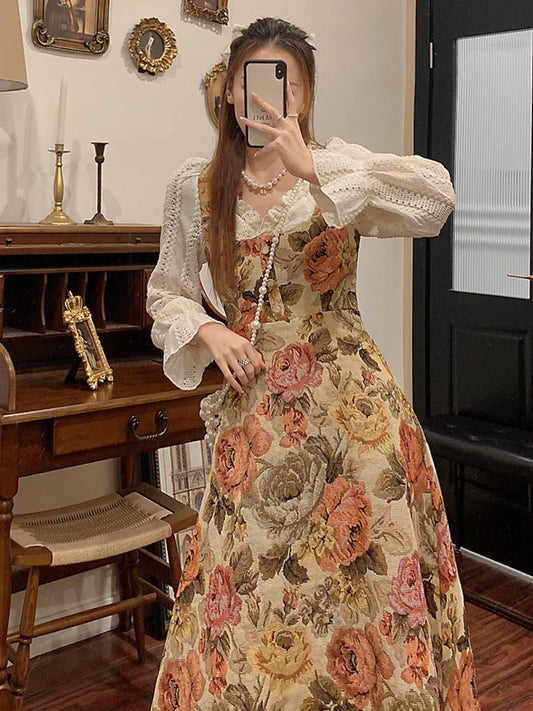 lovwvol Print Retro Elegant Fairy Dress Women Lace Korean Style Evening Party Midi Dress French Vintage Floral Dress Female Summer