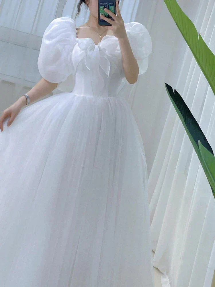 lovwvol White Elegant Sweet Princess Dress Women Bow Puff Sleeve Korean Kawaii Midi Dress Female Autumn Casual Evening Party Dress