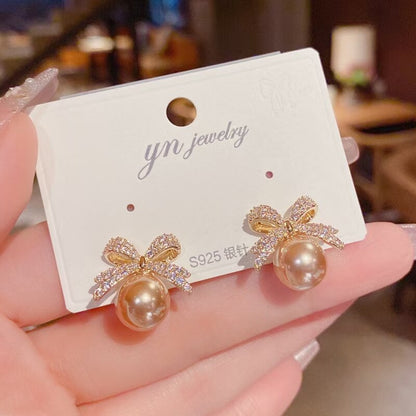 Korean New Exquisite Bow Pearl Stud Earrings For Women Contracted Crystal Heart Shape Earring Girl Temperament Jewelry