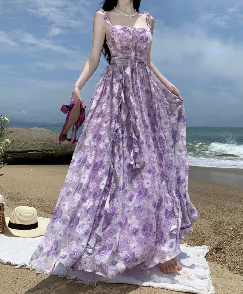 French Vintage Purple Print Long Dresses for Women Summer Sexy Backless Sleeveless Ruffles Beach Holiday Female Clothing