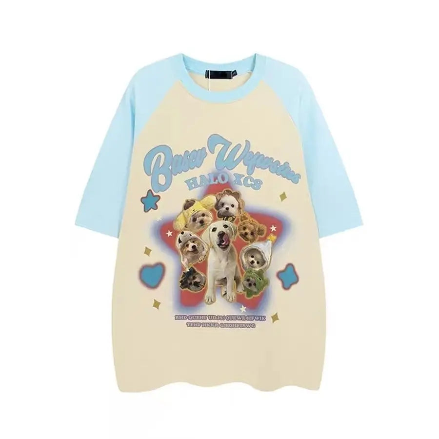 lovwvol Star Dog Printed Contrast Color Short Sleeve Tee Shirt Harajuku Streetwear Casual Oversized Tshirt 2024 Summer All-match Y2k Top