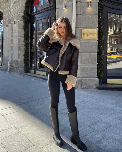 Fashion Lapel Lamb Wool Leather Jacket Women 2023 Winter Long Sleeve Zipper Thickened Coat Casual Chic Female Warm Outerwear