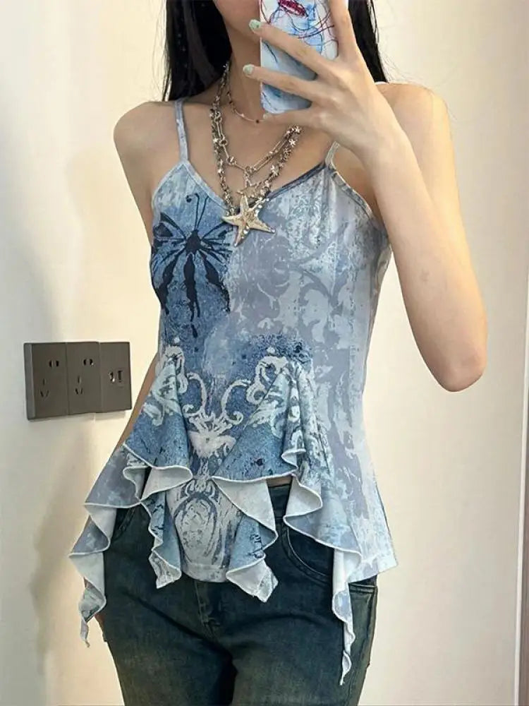 lovwvol  -  Retro Tank Tops Women Sleeveless Blue Print Tank Y2k Vintage Camis 2000s Japanese E Girls Tee Irregual Tank Tops Summer