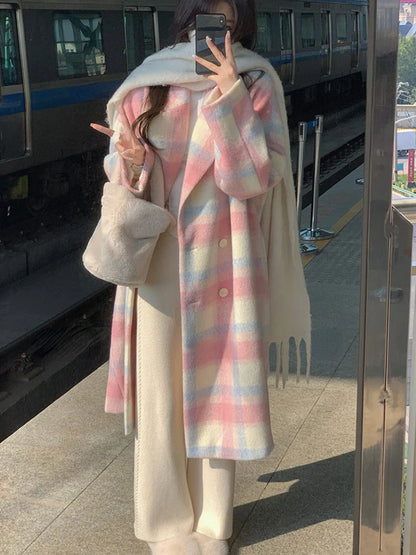 lovwvol Winter Rainbow Woollen Coats Women Casual Warm Loose Plaid Long Coats Female Korean Fashion Office Lady Trench Jackets Y2k