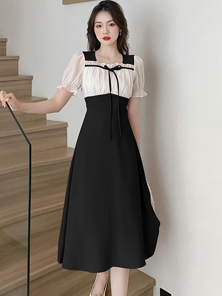 lovwvol  2024 Black Patchwork Puff Sleeve Bow Ruffled Collar Midi Dress Women Korean Vintage Hepburn Robe Summer Elegant and Pretty Dress