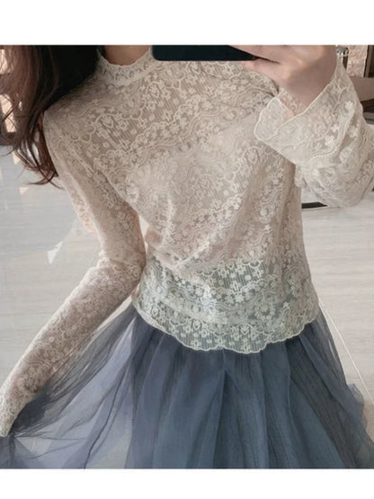 lovwvol French Elegant Turtleneck Blouse Women Casual Long Sleeve Slim Basic Tops Korean Fashio Lace Shirts Y2k Clothing  Winter