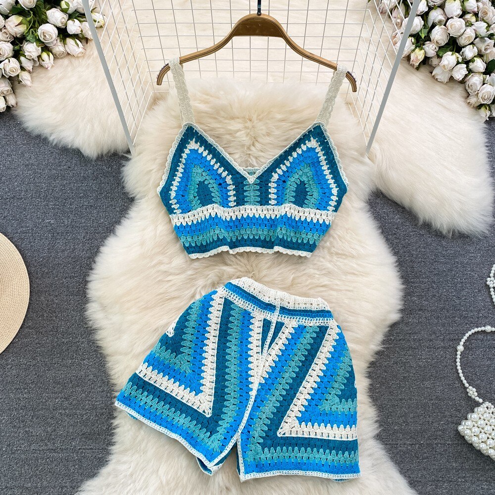 lovwvol Knitted Crochet Two Piece Set Women Sexy V-Neck Cropped Tank Top and High Waist Shorts Matching Summer 2023 Beach Outfits