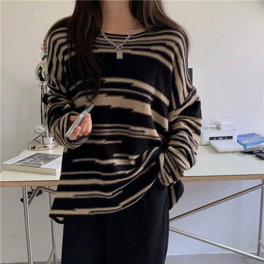 lovwvol Retro Striped Sweaters Women Loose Patchwork Knitted Jumpers Vintage Streetwear Punk Gothic Long Sleeve Oversize Pullover