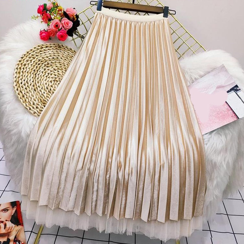 lovwvol Both Sides Wear Pearls Mesh Skirt Women Summer Velvet High Waist Long Skirts Woman Solid Color A Line Pleated Skirts