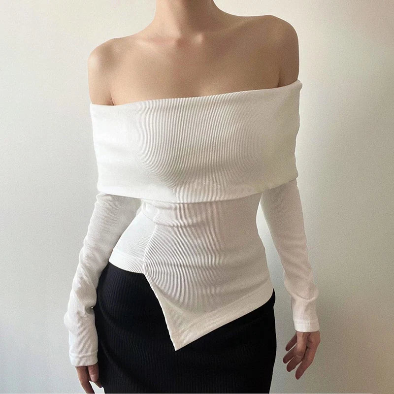 lovwvol Solid Knitting Casual Women Tops Asymmetrica Aesthetic Clothes Long Sleeve Slash Neck Y2k Accessories Streetwear